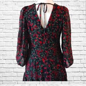 🌲🌹Calvin Klein Black & Red Floral Holiday Christmas Chiffon Dress Size 4